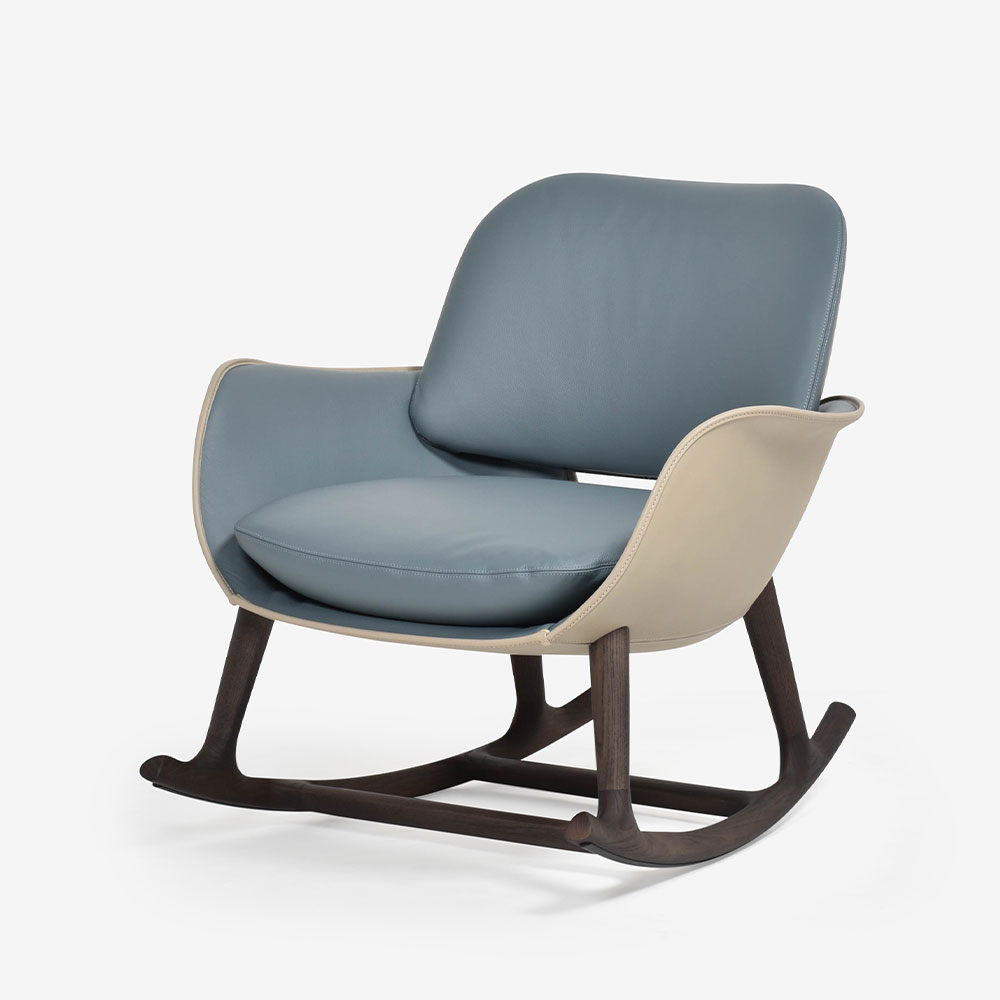 PoltronaFrau（ポルトローナ・フラウ）ロッキングチェア「Martha」革ブルーグレー＃SC254 Steel Blue/革ライトグレー色＃Corda 脚アッシュ材 モカ色