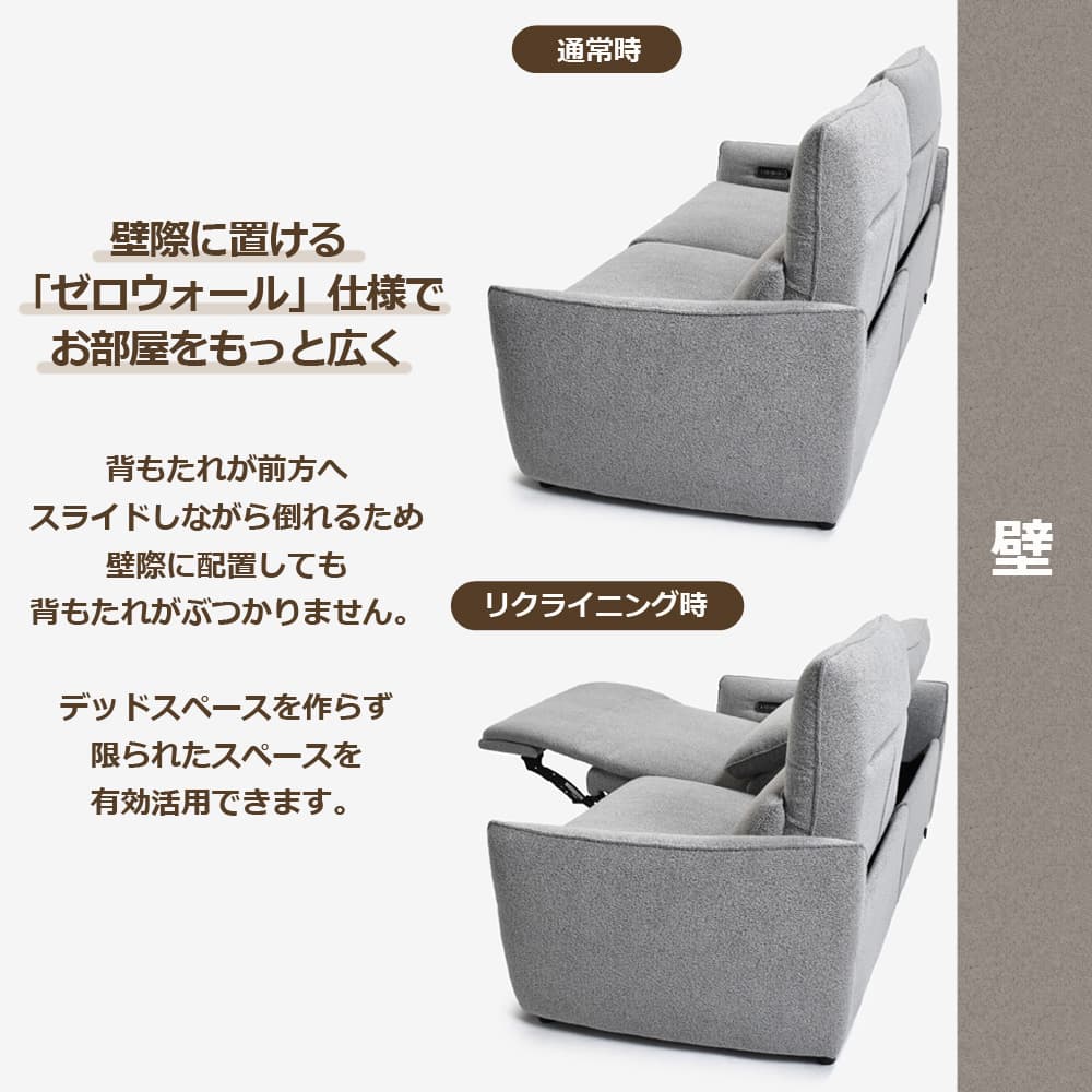 電動リクライニングソファ2点セット「ルッカ SD-524B（3モーター）」幅192cm 布#CP430-3 グレー色【お手入れキットの特典付き】