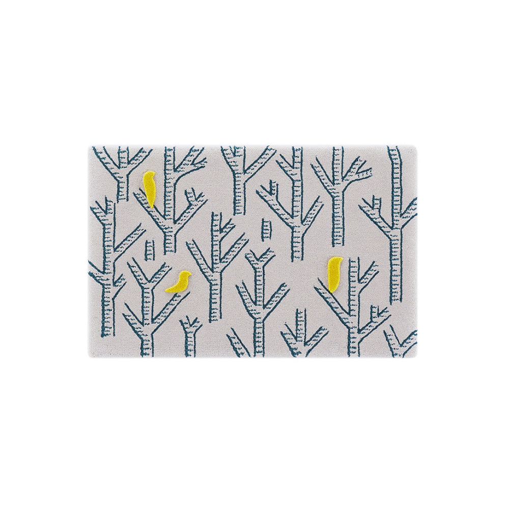 山形緞通　手刺緞通「birds in the forest」XSサイズ(幅95x長さ60cm) 防炎【受注生産品】