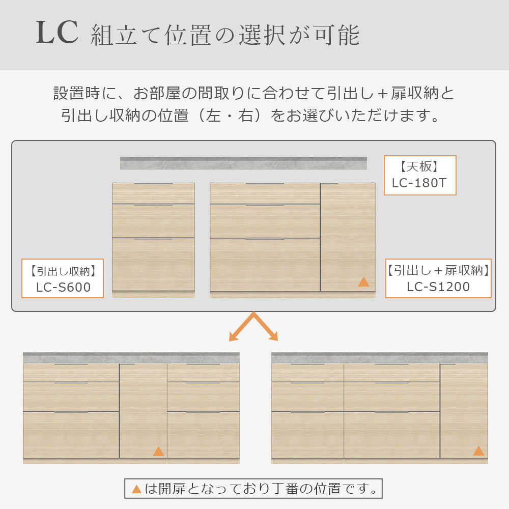 Pamouna（パモウナ）ユニットカウンター「LC-S1200・S600・180T」幅180cm 奥行46cm 高さ92.7cm 引出し+扉収納（扉：向かって右） 引出し収納 下台全4色 天板全2色