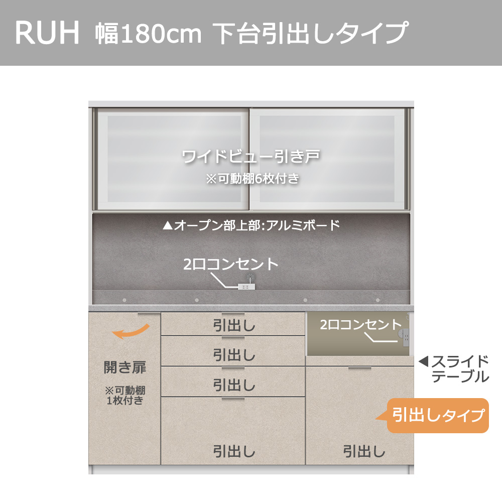 Pamouna（パモウナ）オープンボード「RUH-S1800R・1800R」幅180cm 高さ206.5cm 奥行2サイズ（44.5cm・50cm）下台引出しタイプ 全4色