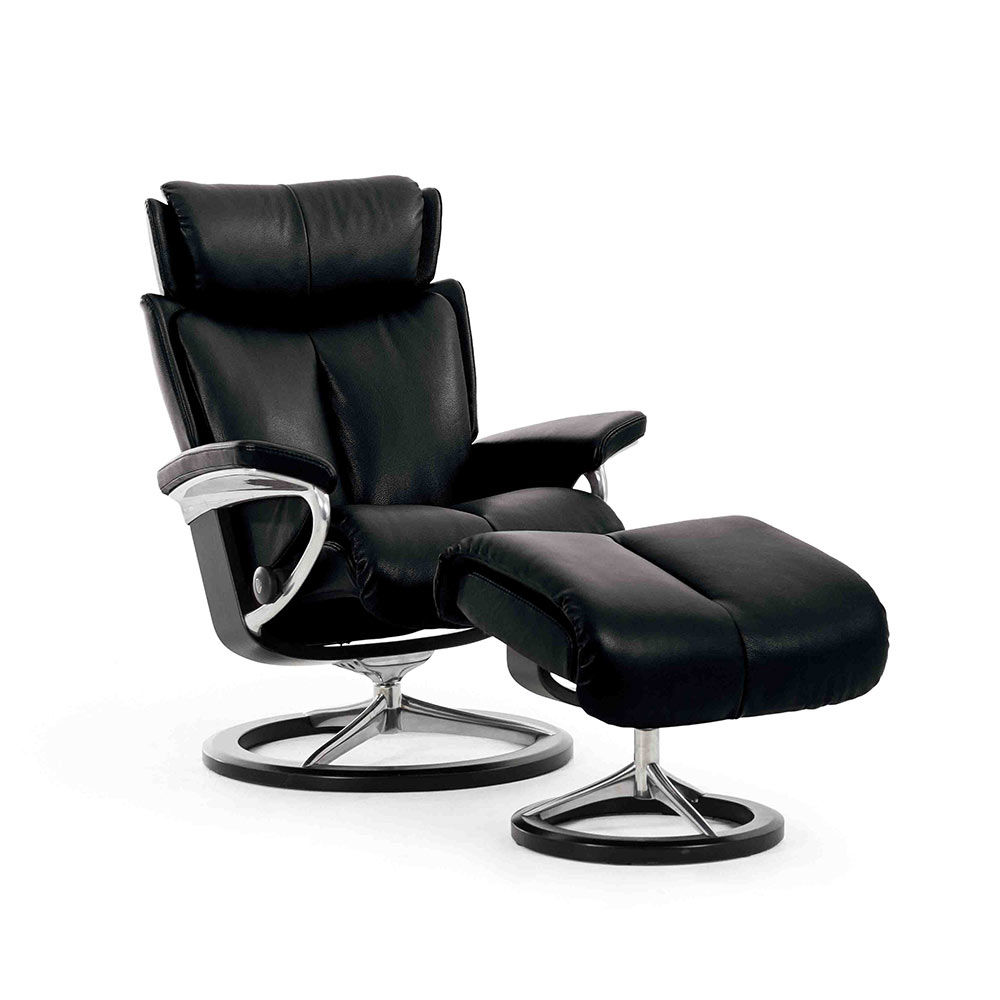 EKORNES(エコーネス)リクライニングチェア「ストレスレス マジック(M)シグニチャー」オットマン付 革#ノブレス ブラック 木部：ウェンゲ