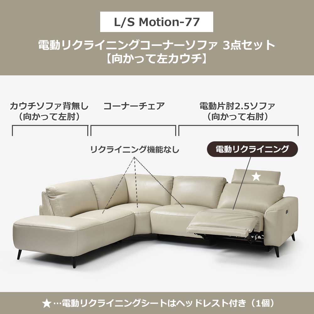 電動リクライニングコーナーソファ3点セット 向かって左カウチ「L/S Motion 77（エルエスモーション77）」幅275cm 革#J/S-041E オイスターグレー色