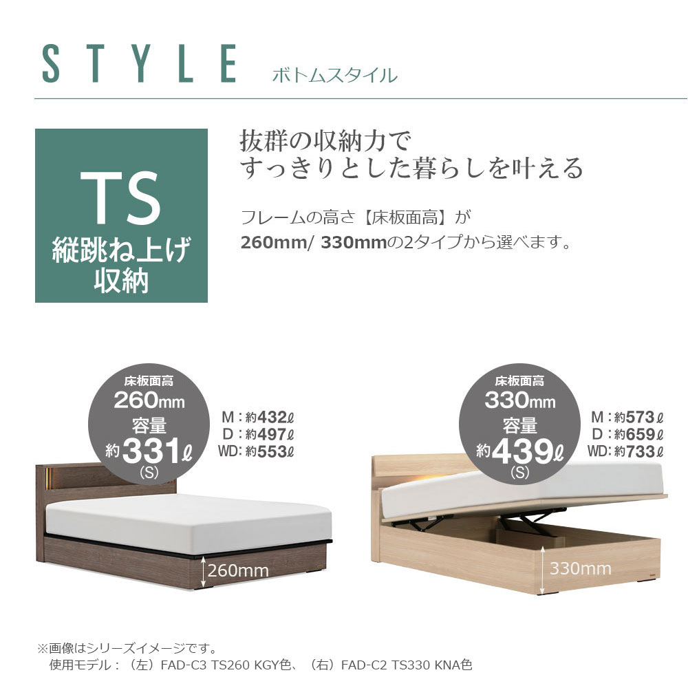 FranceBed（フランスベッド）ベッドフレーム「ファディア FAD-C3 TS」コンセント付き 縦跳ね上げ収納（ 床板面高2タイプ）全4サイズ 全3色