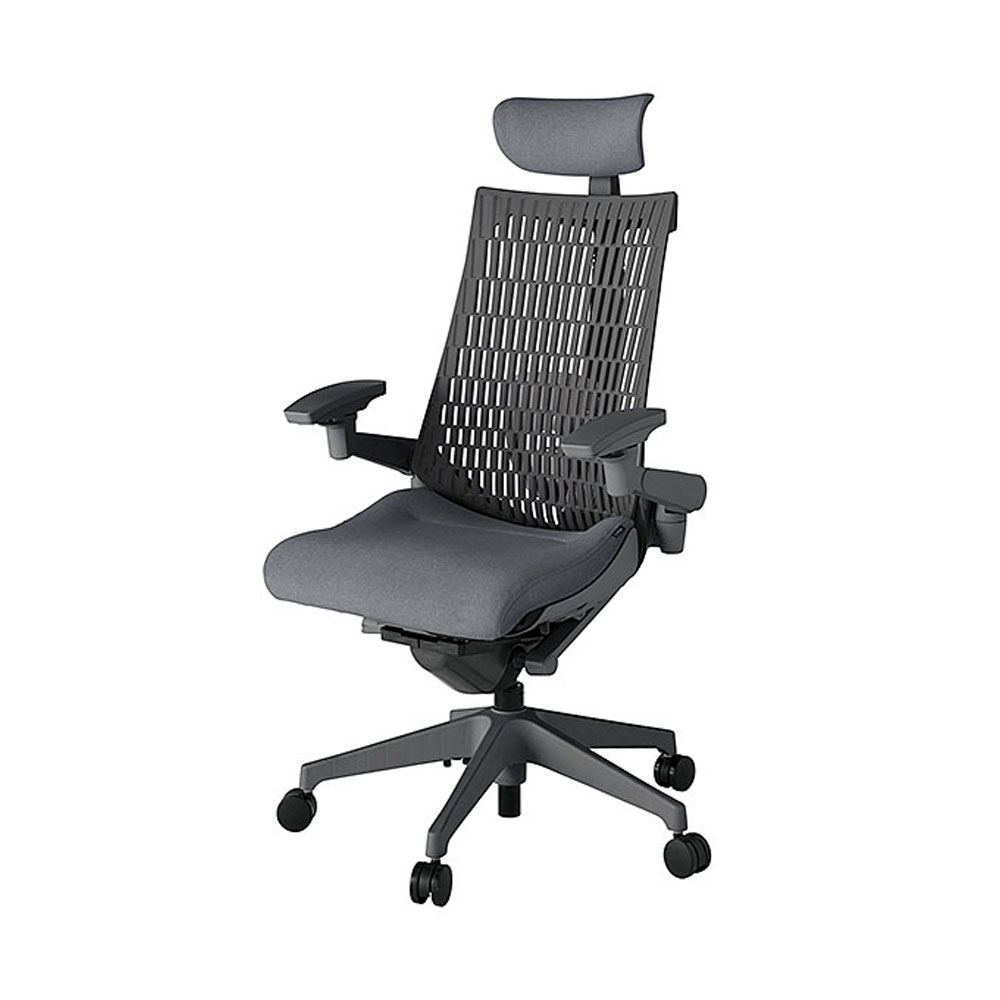 デスクチェア「アクト2 KJ427SAEMW2T3W2」アジャスタブル肘 ヘッドレスト付き ランバーサポート付き ベースカラー/オフブラック 張地/ダークグレー【受注生産品】