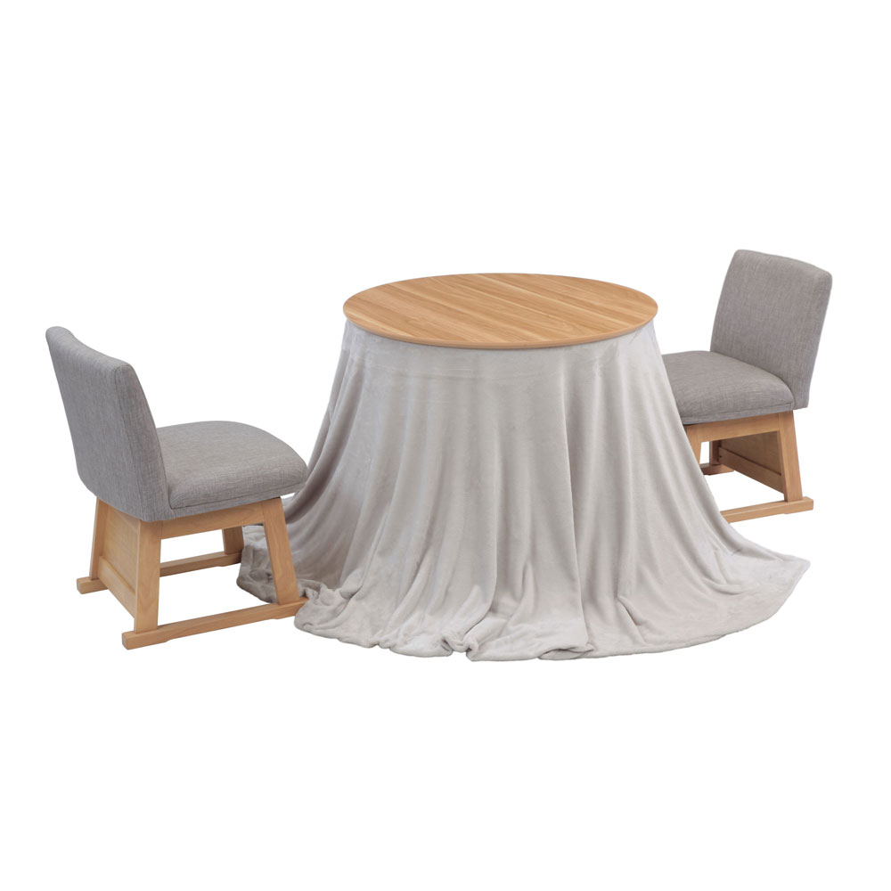 ダイニングこたつ4点セット「レイラ90 HI」ナチュラル色（NA） 円形テーブル幅90cm＋回転椅子2脚＋こたつ布団