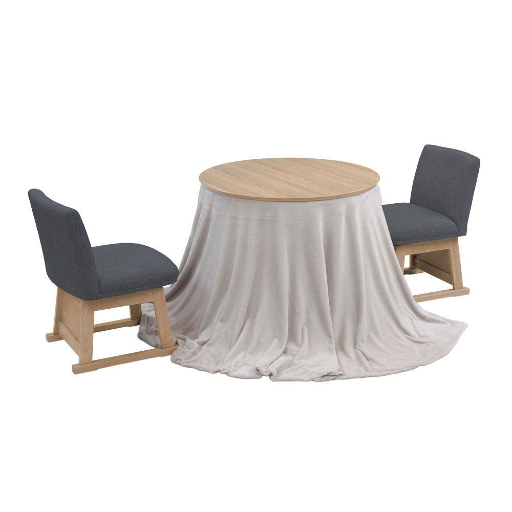 ダイニングこたつ4点セット「レイラ90 HI」ホワイトウォッシュ色（WW） 円形テーブル幅90cm＋回転椅子2脚＋こたつ布団