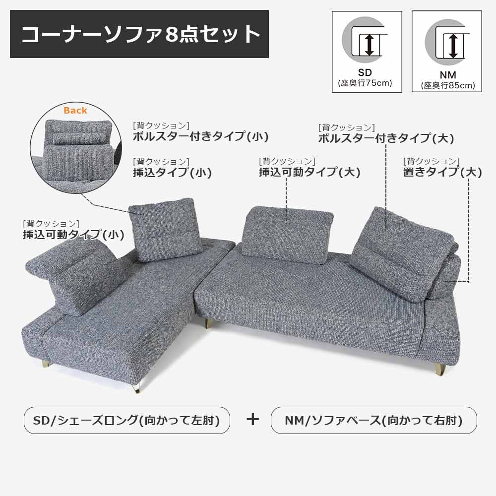 コーナーソファ8点セット 「ミラージュNM/SD」ソファベース向って右肘 シェーズロング向かって左肘 カバーリング仕様 張地#布B MNR81 ブルー色 金属脚【受注生産品】【お手入れキットの特典付き】