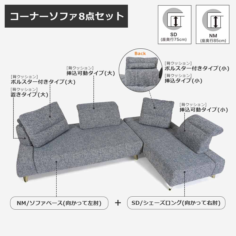 コーナーソファ8点セット「ミラージュNM/SD」 ソファベース向って左肘 シェーズロング向かって右肘 カバーリング仕様 張地#布B MNR81 ブルー色 金属脚【受注生産品】【お手入れキットの特典付き】