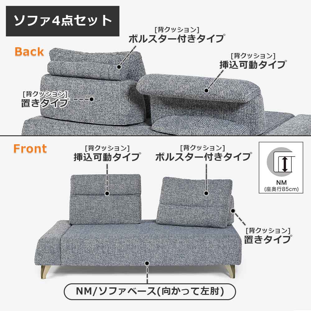 ソファ4点セット 「ミラージュNM」ソファベース向って左肘 カバーリング仕様 張地#布B MNR81 ブルー色 金属脚【受注生産品】【お手入れキットの特典付き】