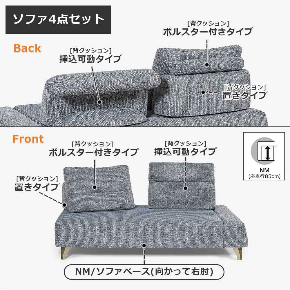 ソファ4点セット 「ミラージュNM」ソファベース向って右肘 カバーリング仕様 張地#布B MNR81 ブルー色 金属脚【受注生産品】【お手入れキットの特典付き】