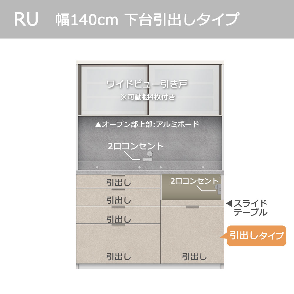 Pamouna（パモウナ）オープンボード「RU-S1400R・1400R」幅140cm 高さ197.5cm 奥行2サイズ（44.5cm・50cm）下台引出しタイプ 全4色