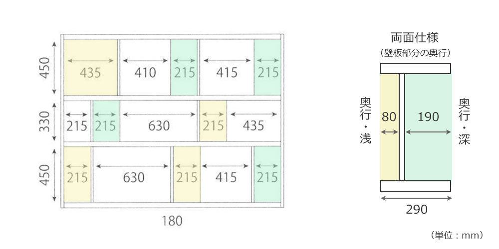ローナ シェルフ180ハイタイプの内寸詳細図