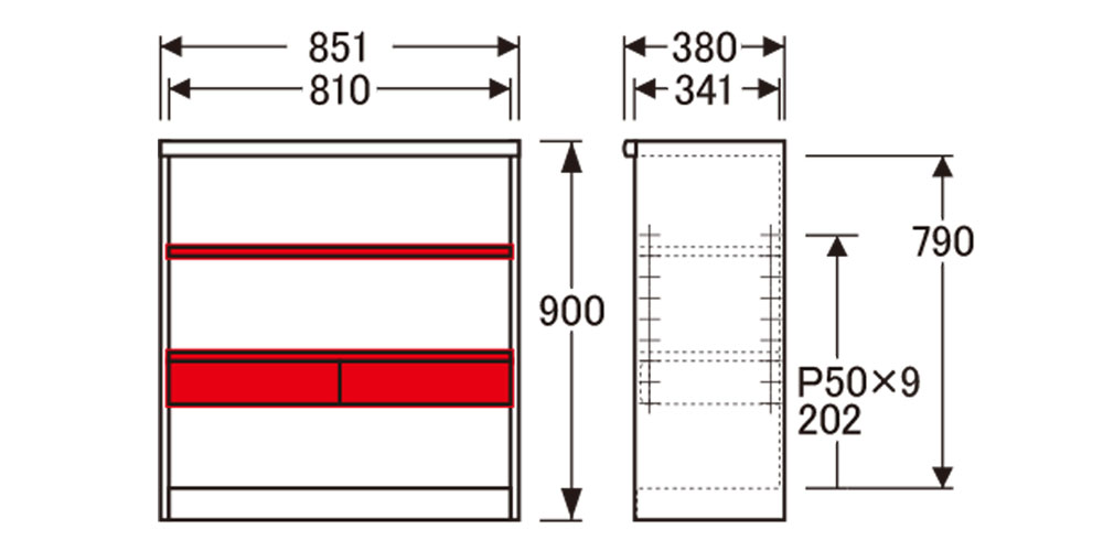 書棚No.3600CW85の寸法図