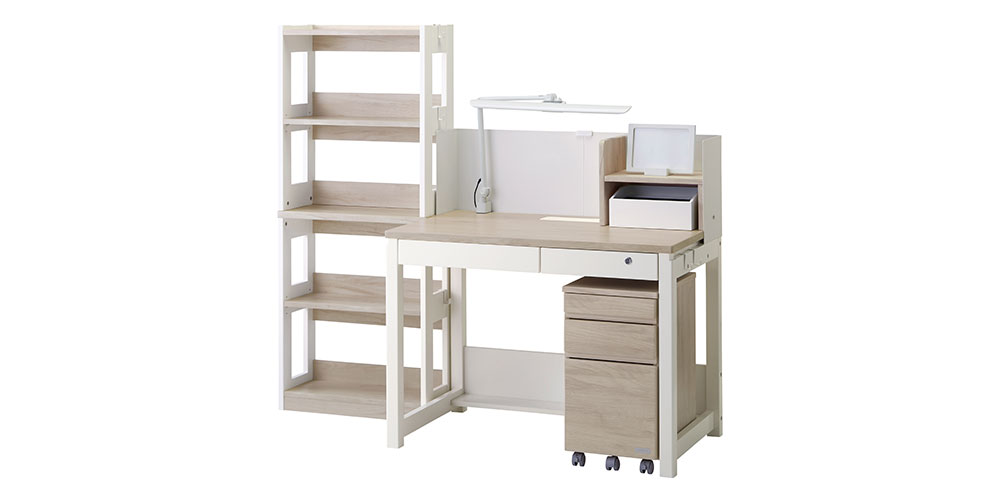【組み合わせ例】シェルフR-KSD23CW+デスクKSD-24CW+ワゴンKSDC-24CW+デスクライトTS-A19WH