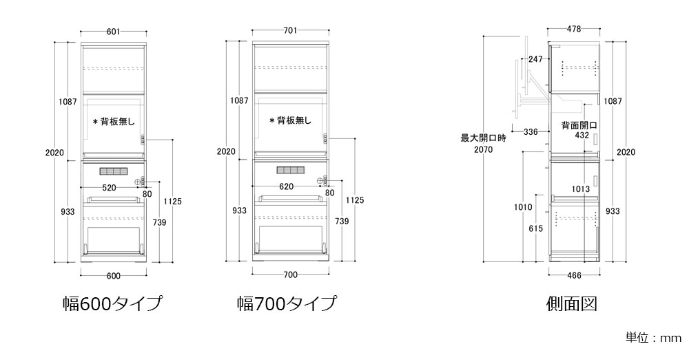 家電収納キャビネット「エヴァンティ AW SS+GS」奥行47.8cmの寸法図