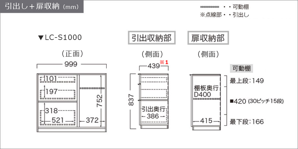 サイズ詳細(引出し+扉収納)