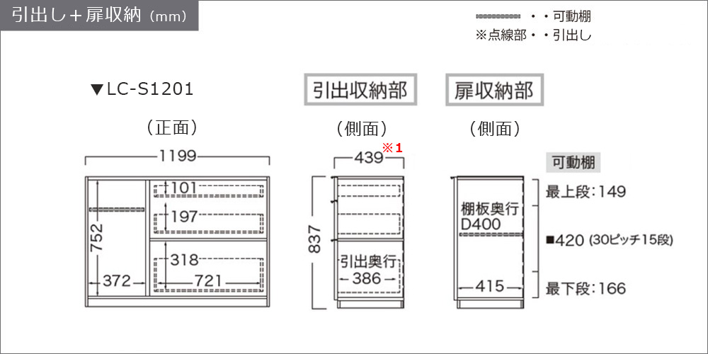 サイズ詳細(引出し+扉収納)