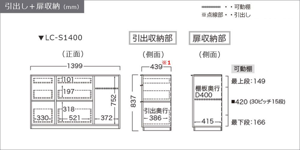 サイズ詳細(引出し+扉収納)