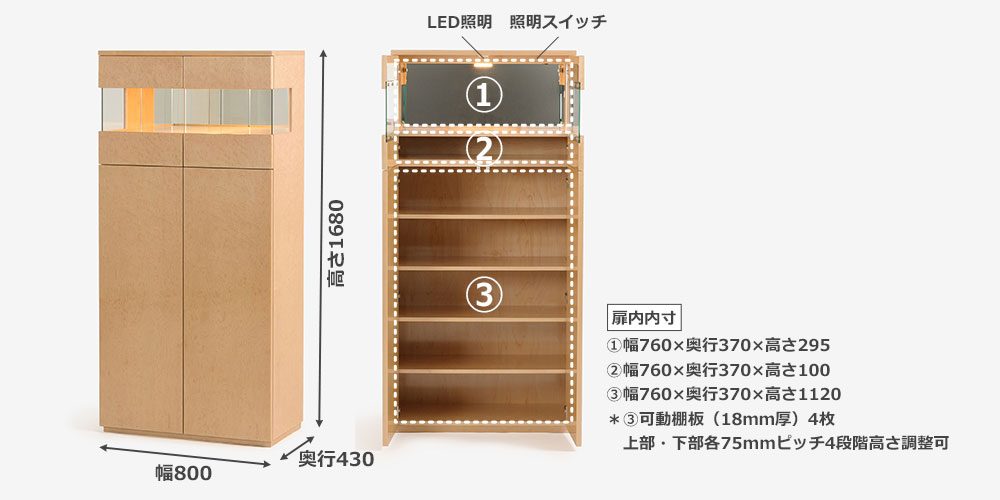 ハイキャビネット「ペルレ2」のサイズ詳細