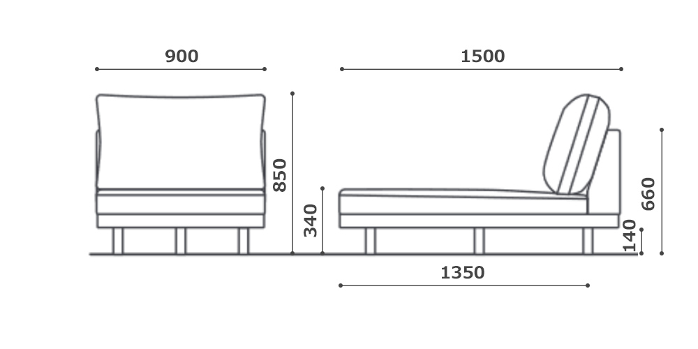 アームレスカウチ「DANISH GRANDE SOFA デニッシュグランデソファ DGSO-ALCC90-WN」のサイズ詳細