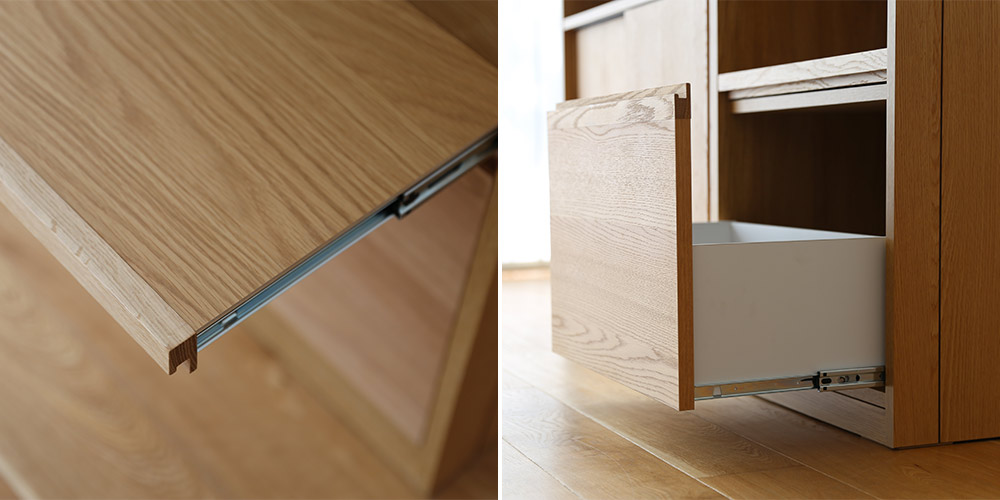 ホワイトオーク材の引出し・スライドテーブル