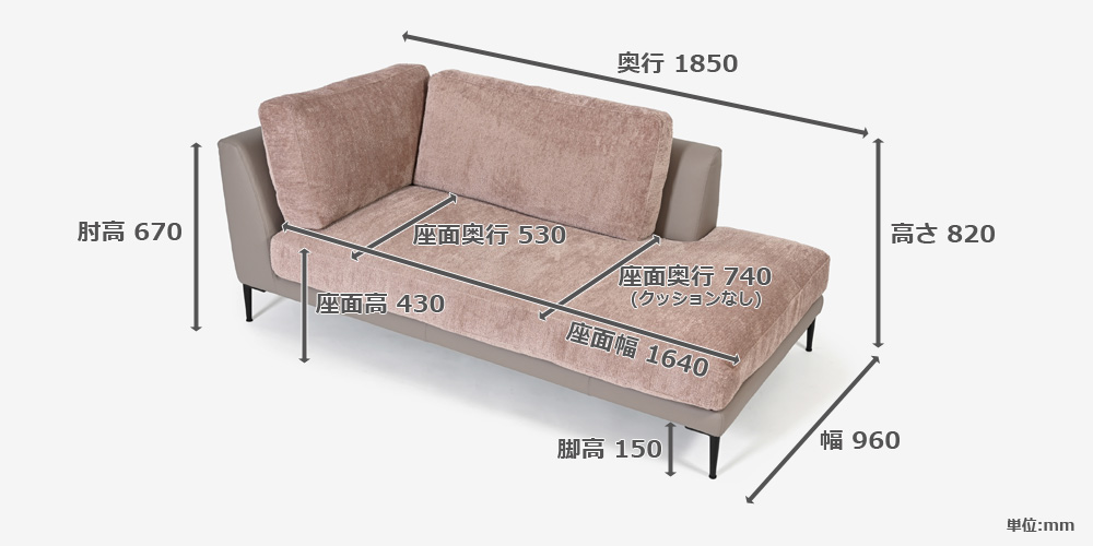 コーナーカウチソファ「メダ」サイズ詳細