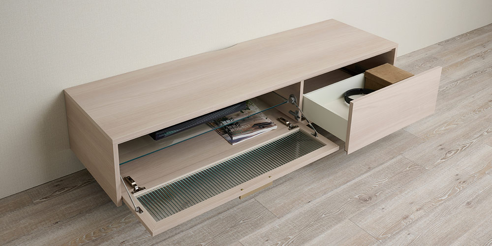 Pamouna（パモウナ）テレビボード「NW-150V」シルキーナット色の引出しとフラップ扉を開いた画像