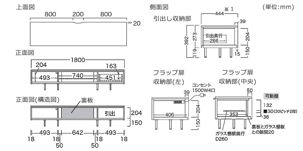 Pamouna（パモウナ）テレビボード「NW-180V」の寸法図