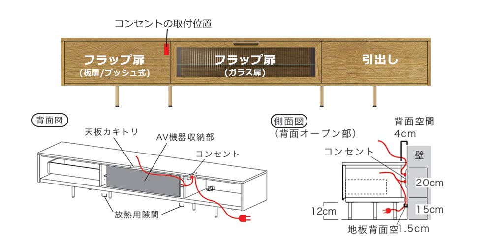 Pamouna（パモウナ）テレビボード「NW-210V」ラスティックオーク色の正面画像と、背面のコンセント通しの図面画像