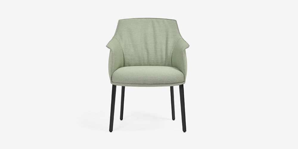 【斜め正面画像】ダイニングチェア（アーム付き）「アーチボルドラージ」布ピスタチオ色