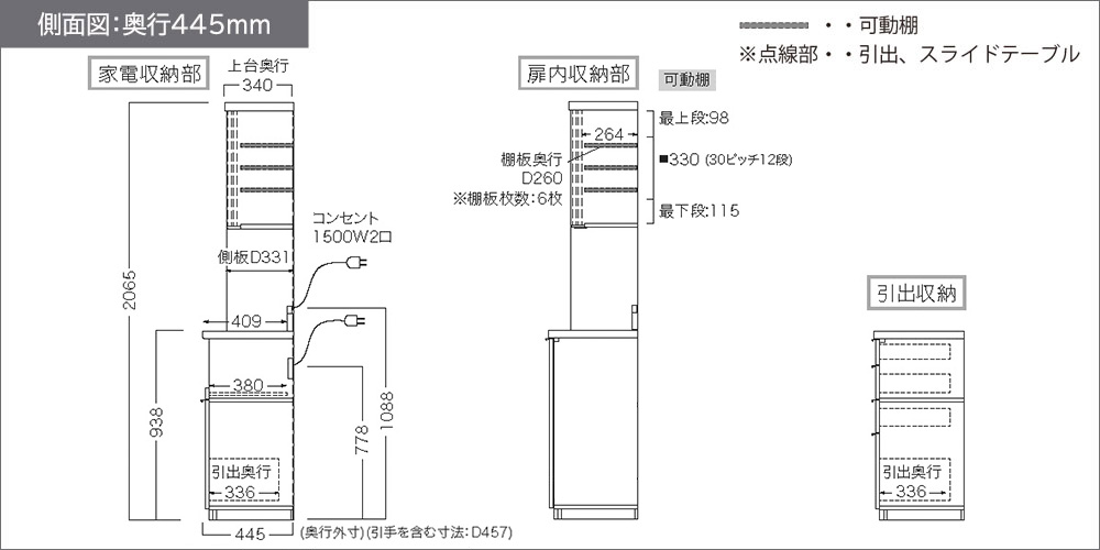 RUHシリーズ引出しタイプ奥行445mmの側面図